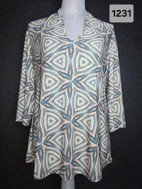 Deborah Viereck Geometric Teal, Yellow & White V-Neck Women's Top